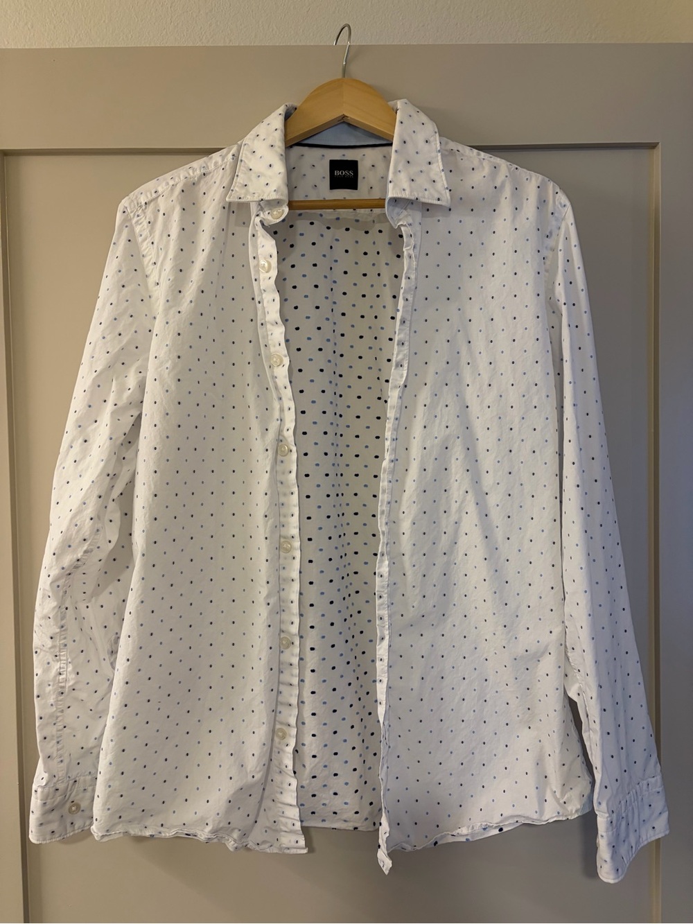 Boss White Button-Down Shirt with Navy Microdots
